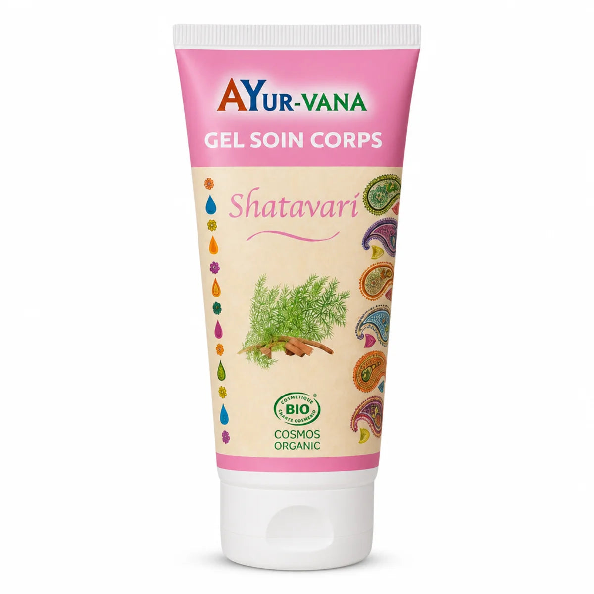 Gel soin corps Shatavari bio Ayurvana, tube rose et crème sur fond blanc