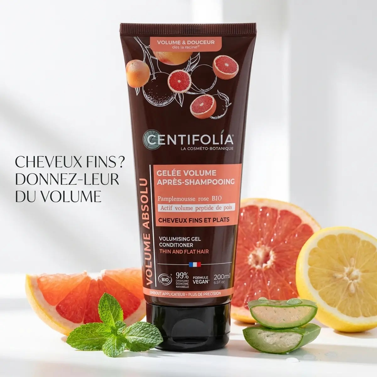 Gelée Volume Après-Shampoing Centifolia bio vegan avec ingrédients naturels et texte cheveux fins
