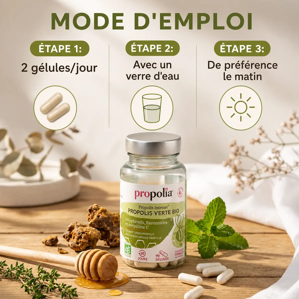 Gélules propolis verte bio Propolia avec mode d'emploi, éléments naturels et guide d'utilisation en français