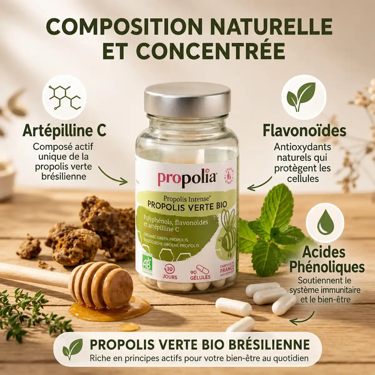 Gélules propolis verte bio Propolia avec ingrédients naturels et composants actifs