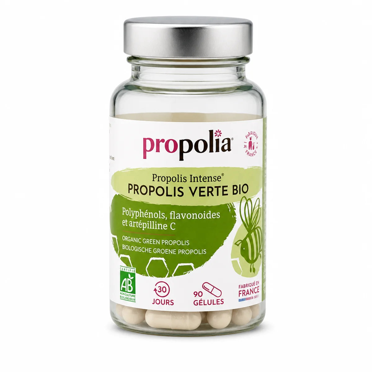 Bouteille de gélules de propolis verte bio Propolia 90 capsules avec certification AB