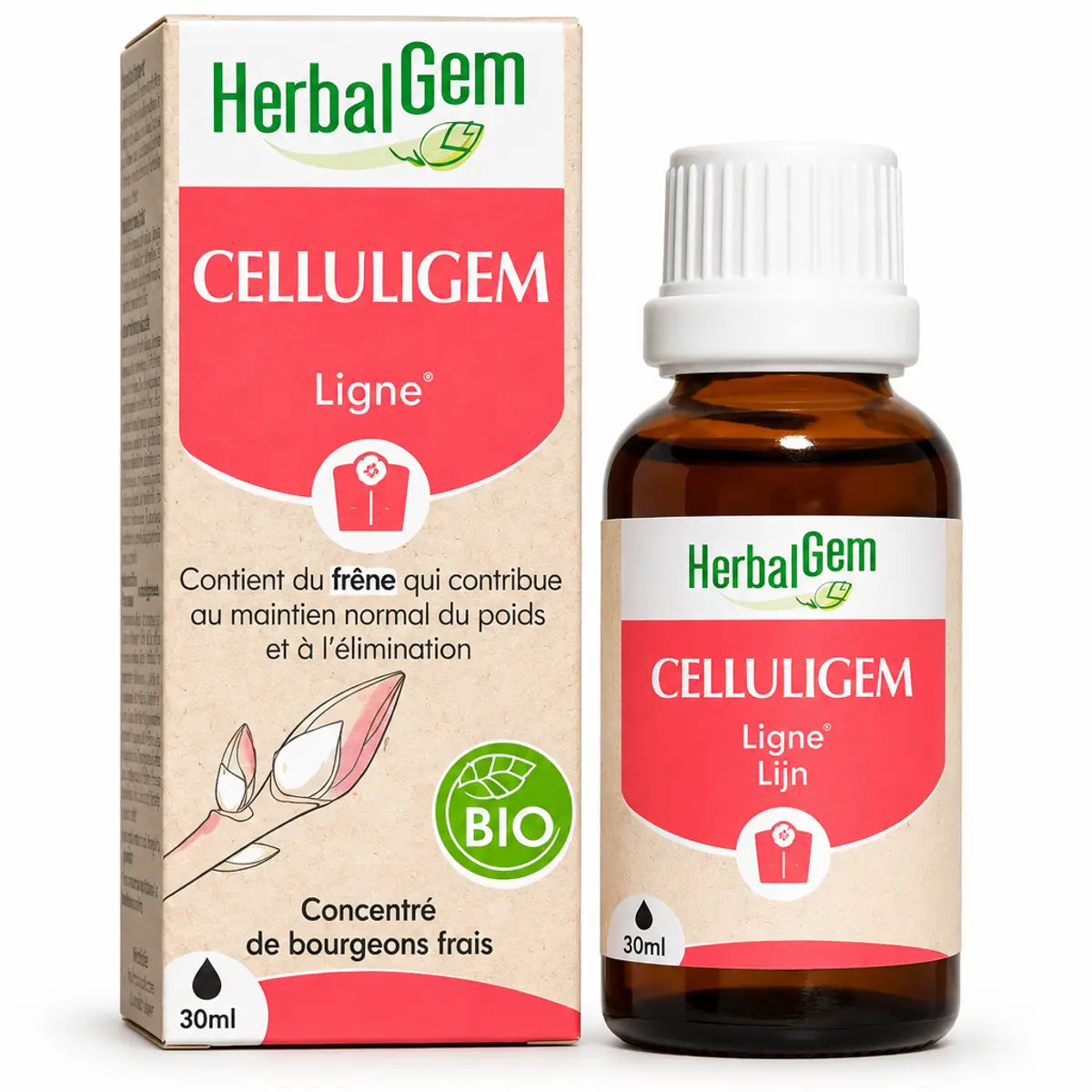 Flacon Celluligem bio vegan HerbalGem avec boîte de packaging sur fond blanc