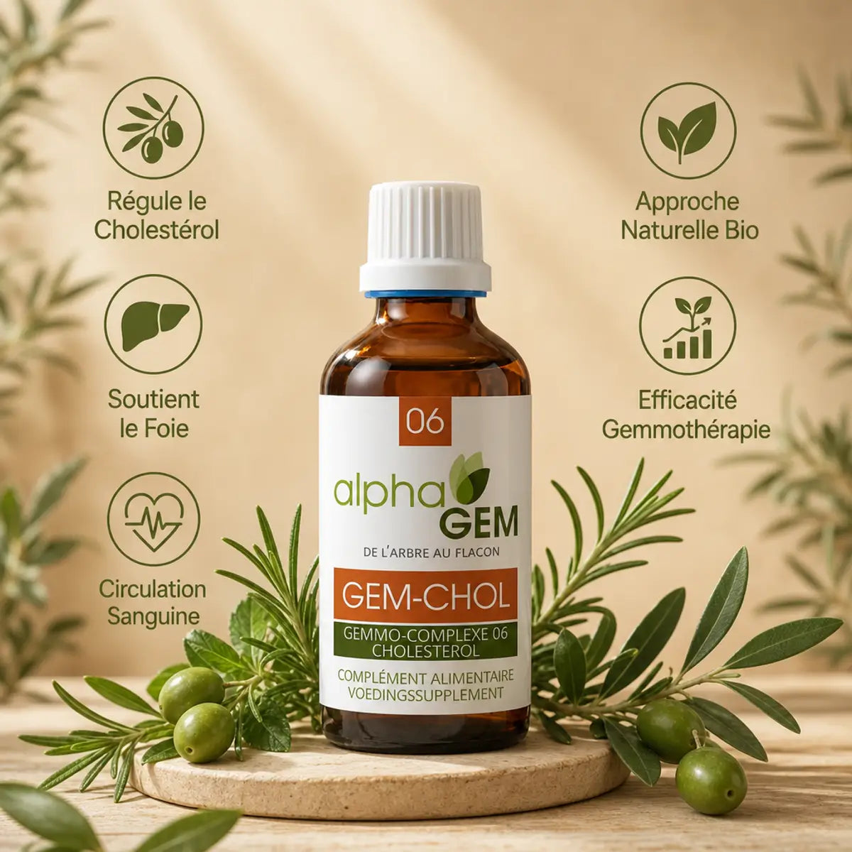 Flacon Gemmo-complexe Cholestérol Bio Alphagem avec infographie des 5 bénéfices santé et éléments botaniques