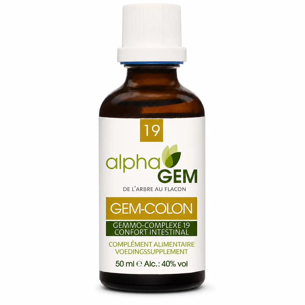 Flacon GEM-COLON 50ml Alphagem confort intestinal bio sur fond blanc