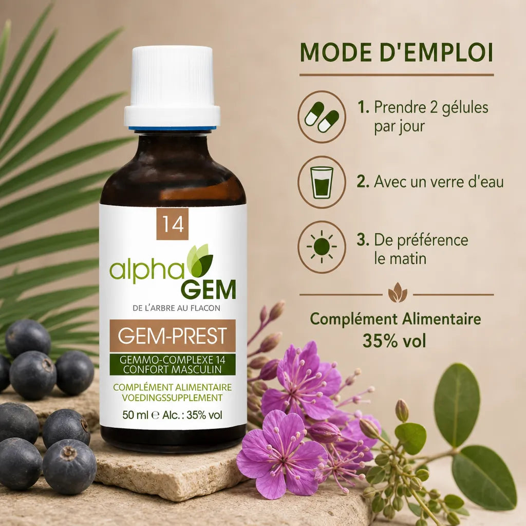 GEM-PREST Alphagem complément alimentaire prostate, bouteille verre, mode d'emploi et ingrédients naturels