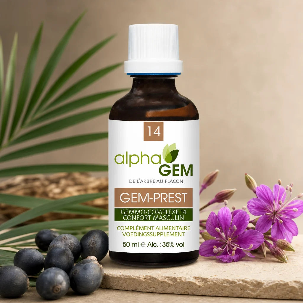Flacon GEM-PREST Alphagem entouré de palmier nain et fleurs pour la santé masculine naturelle