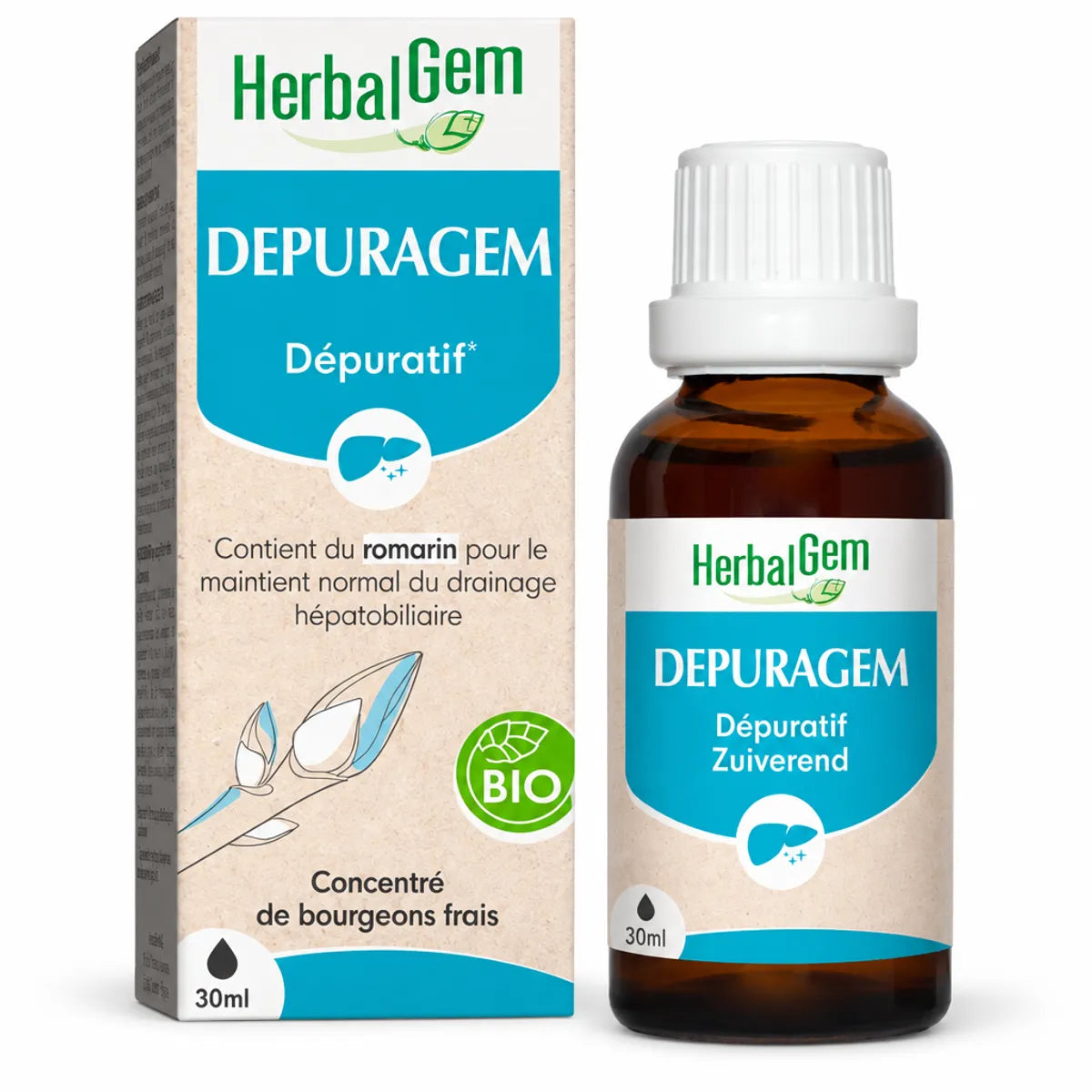 Gemmo-complexe Depuragem bio vegan HerbalGem - flacon et boîte packaging
