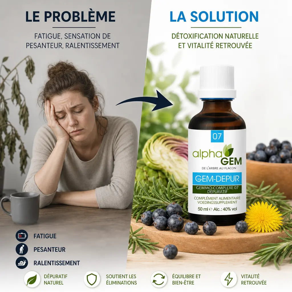 GEM-DEPUR Alphagem complément dépuratif bio, avant-après fatigue et vitalité avec plantes naturelles