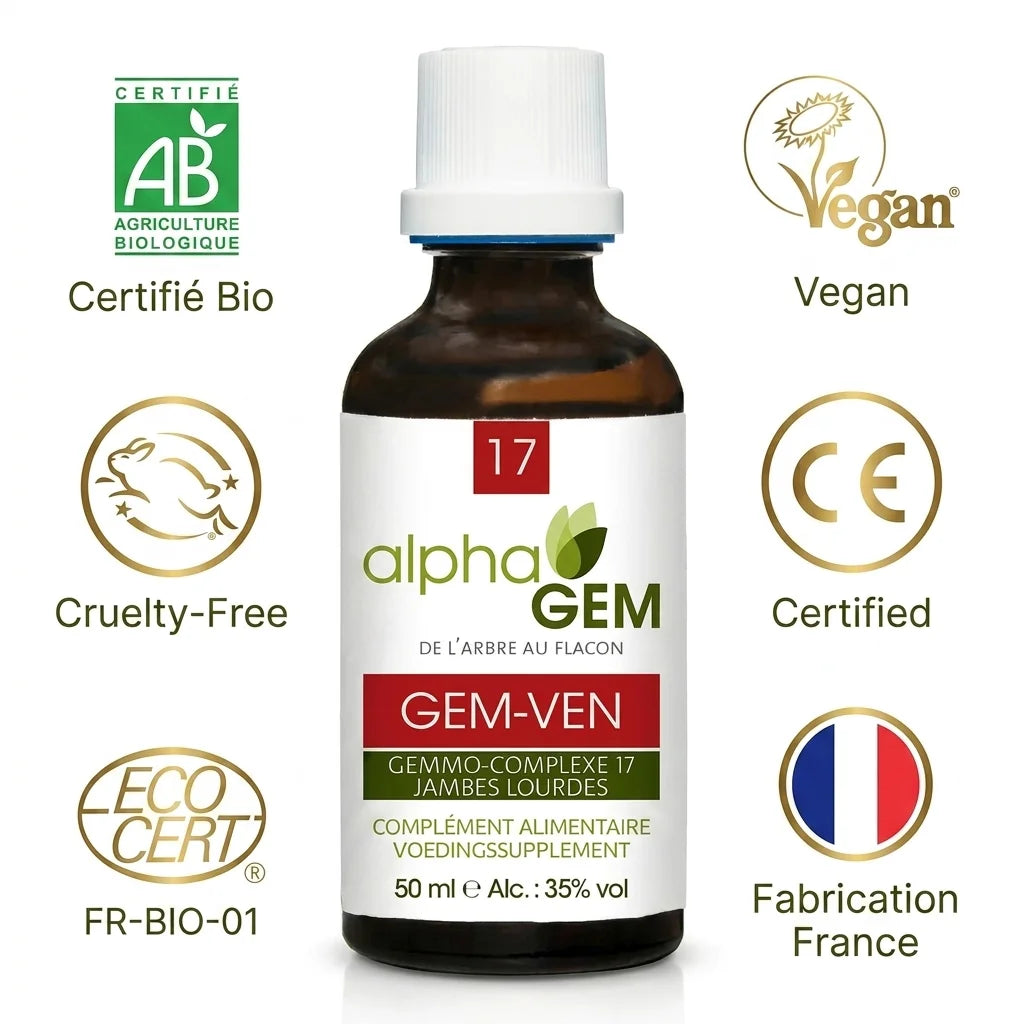 Flacon Gemmo-complexe Jambes lourdes Bio GEM-VEN Alphagem avec certifications AB, Vegan, Made in France