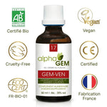 Flacon Gemmo-complexe Jambes lourdes Bio GEM-VEN Alphagem avec certifications AB, Vegan, Made in France