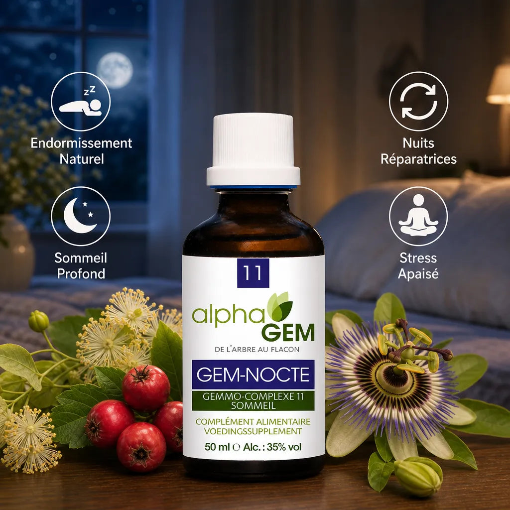 Flacon GEM-NOCTE Alphagem sommeil bio avec icônes bénéfices et plantes apaisantes en ambiance nocturne