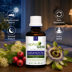 Flacon GEM-NOCTE Alphagem sommeil bio avec icônes bénéfices et plantes apaisantes en ambiance nocturne
