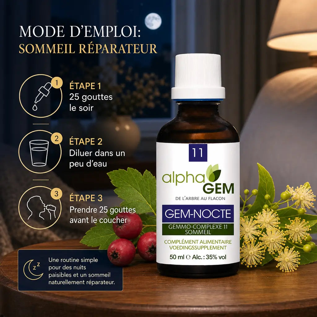 Gemmo-complexe GEM-NOCTE Alphagem 50ml avec mode d'emploi sommeil réparateur et dosage 25 gouttes
