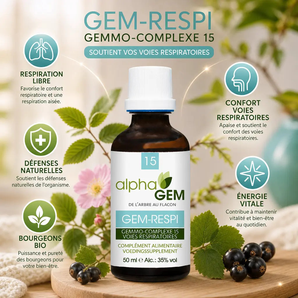 Gemmo-complexe GEM-RESPI Alphagem 50ml - Bourgeons bio pour respiration et défenses naturelles