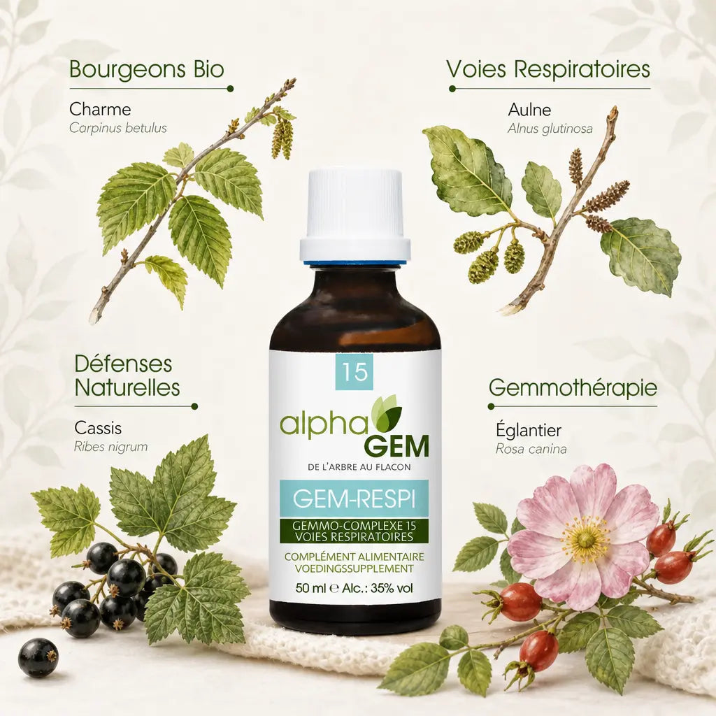 Flacon Gemmo-complexe Voies respiratoires Bio Alphagem entouré d'illustrations botaniques et d'ingrédients naturels