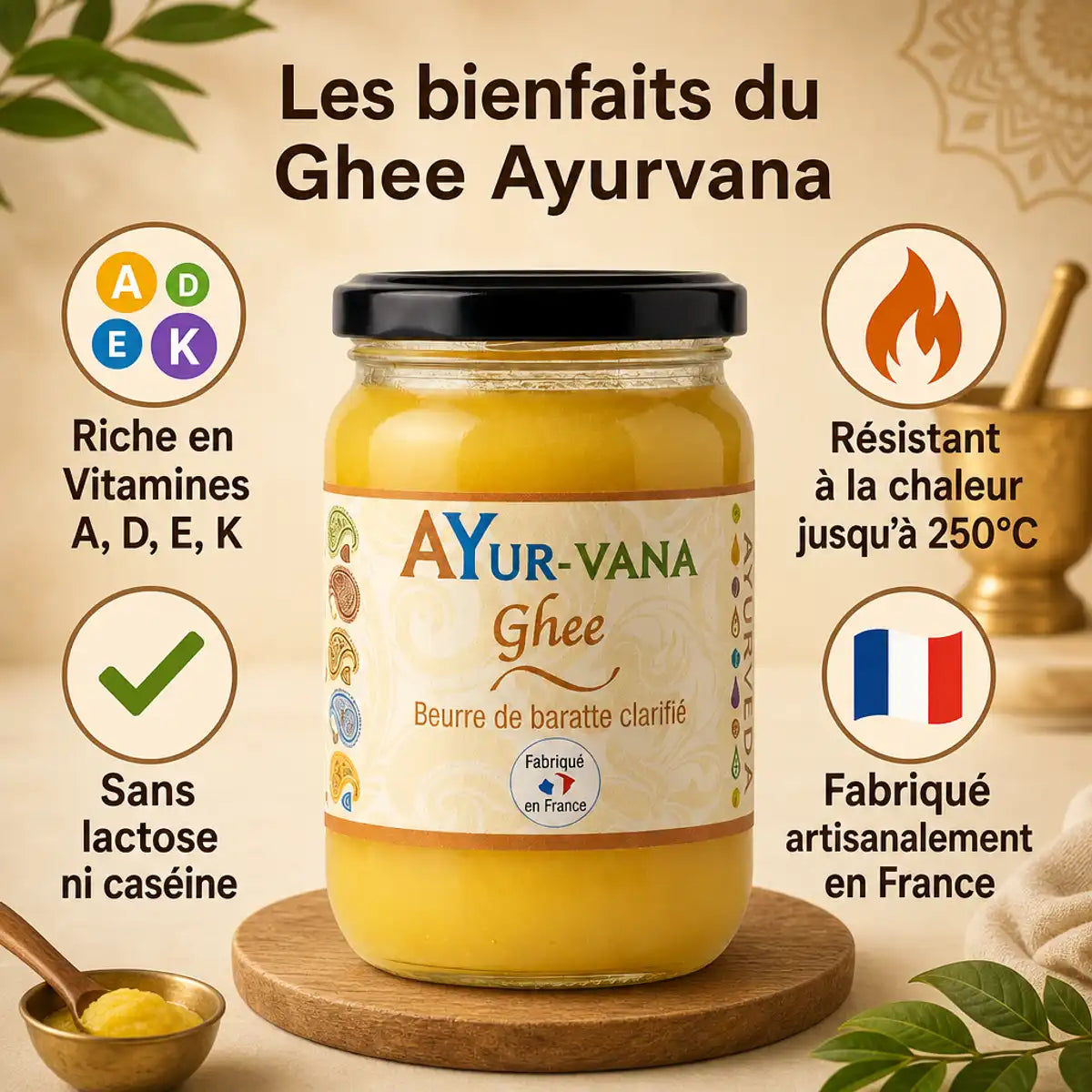 Ghee bio Ayurvana 150g - Beurre clarifié artisanal français riche en vitamines A, D, E, K