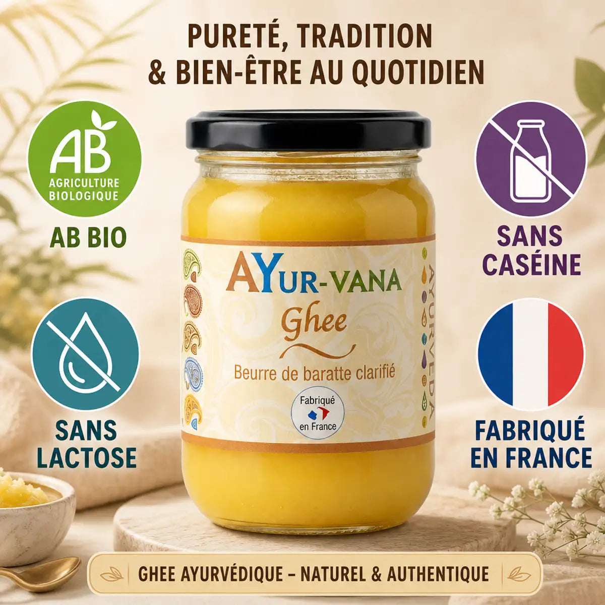 Ghee bio Ayurvana 150g, beurre clarifié certifié AB, sans lactose, fabriqué en France