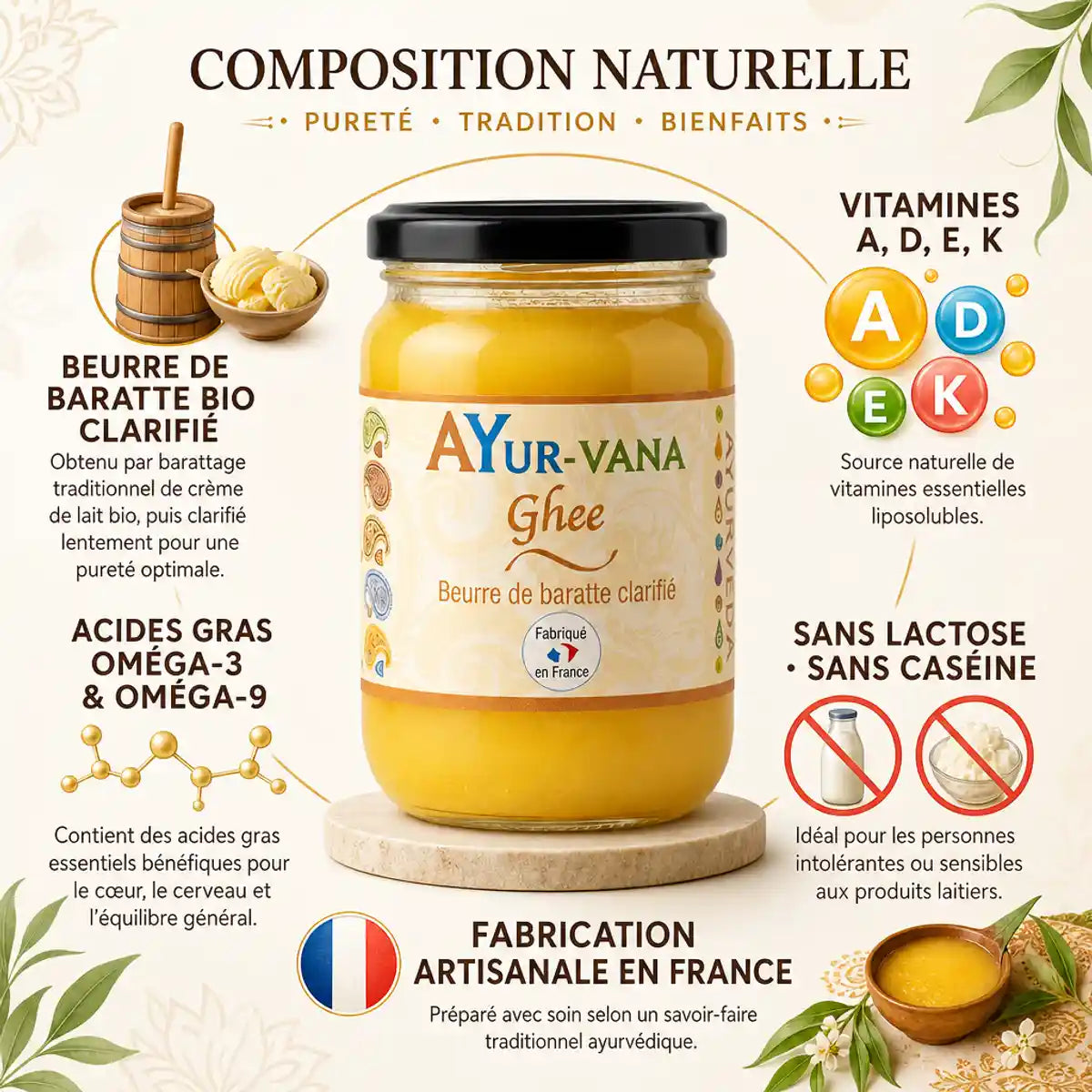 Ghee bio Ayurvana 150g - beurre clarifié artisanal français, sans lactose ni caséine