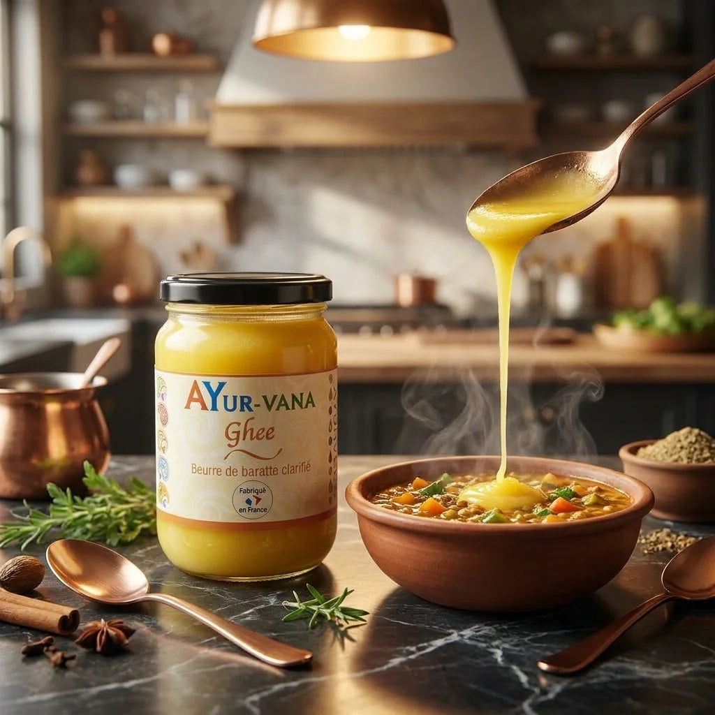 Ghee bio Ayurvana versé sur un plat chaud dans une cuisine luxueuse