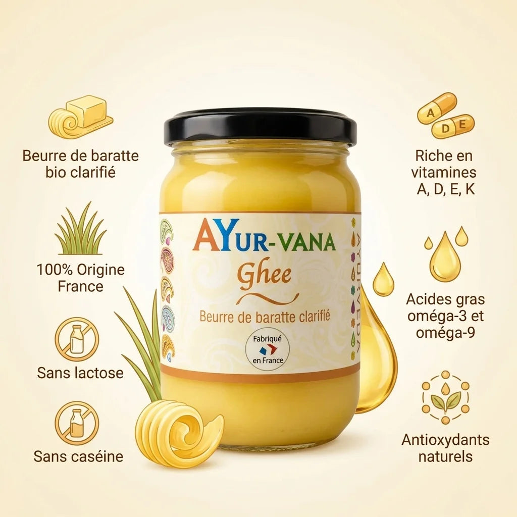 Ghee bio Ayurvana - beurre clarifié 100% France sans lactose avec vitamines A, D, E, K
