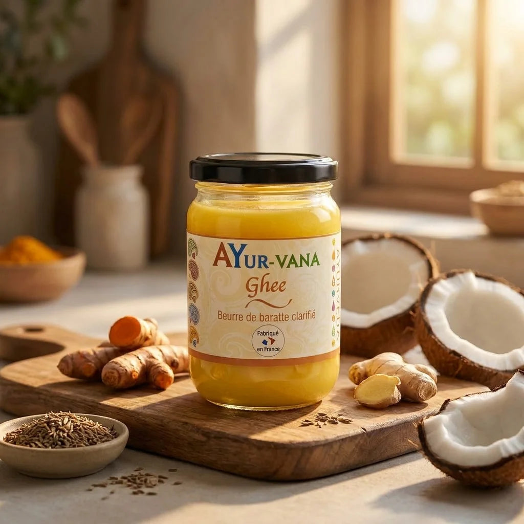 Ghee bio Ayurvana en pot avec beurre clarifié doré et ingrédients ayurvédiques naturels