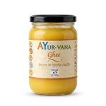 Pot de ghee bio Ayurvana - beurre clarifié doré en verre avec étiquette beige