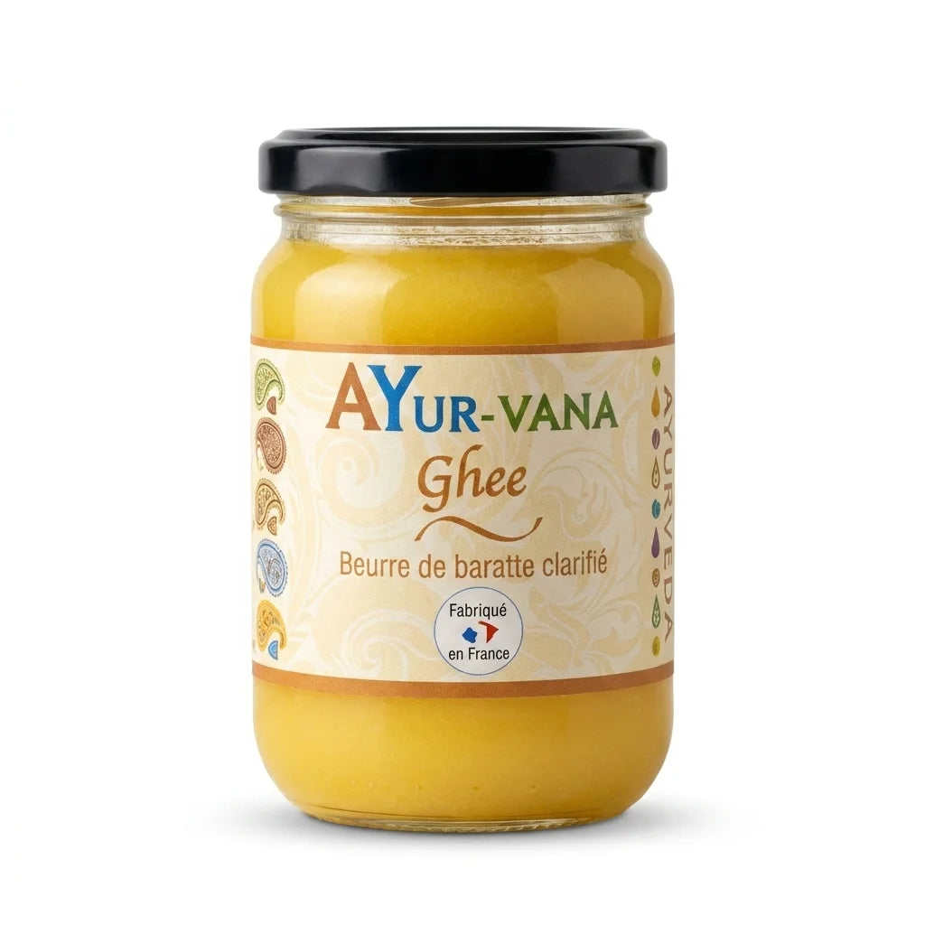 Pot de ghee bio Ayurvana - beurre clarifié doré en verre avec étiquette beige