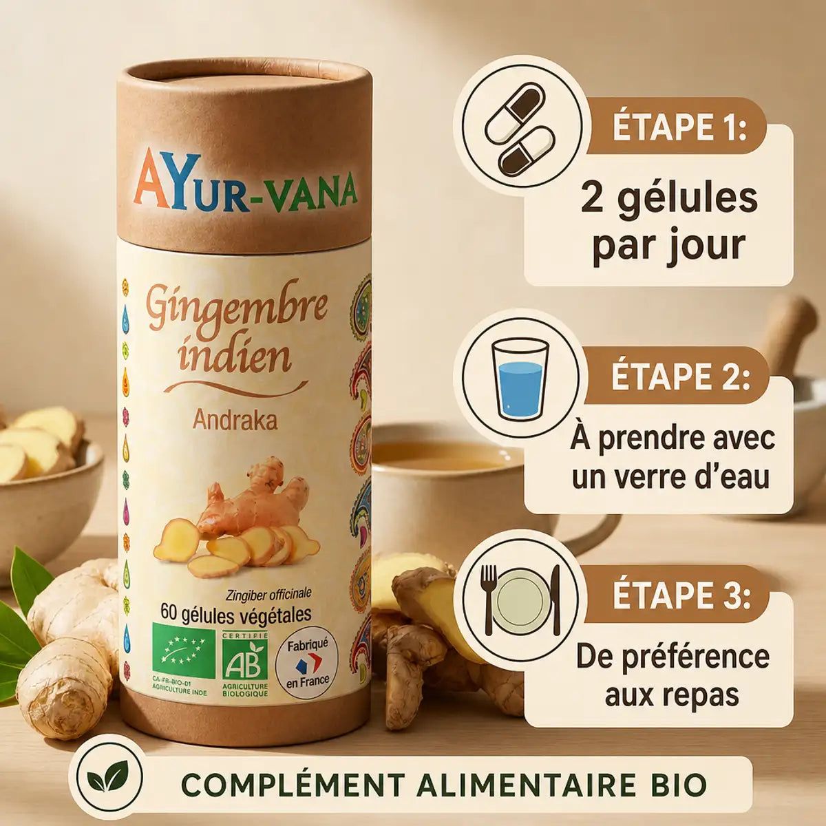 Gingembre indien bio Ayurvana en gélules avec guide d'utilisation et dosage recommandé