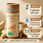 Gingembre indien bio Ayurvana en gélules avec guide d'utilisation et dosage recommandé