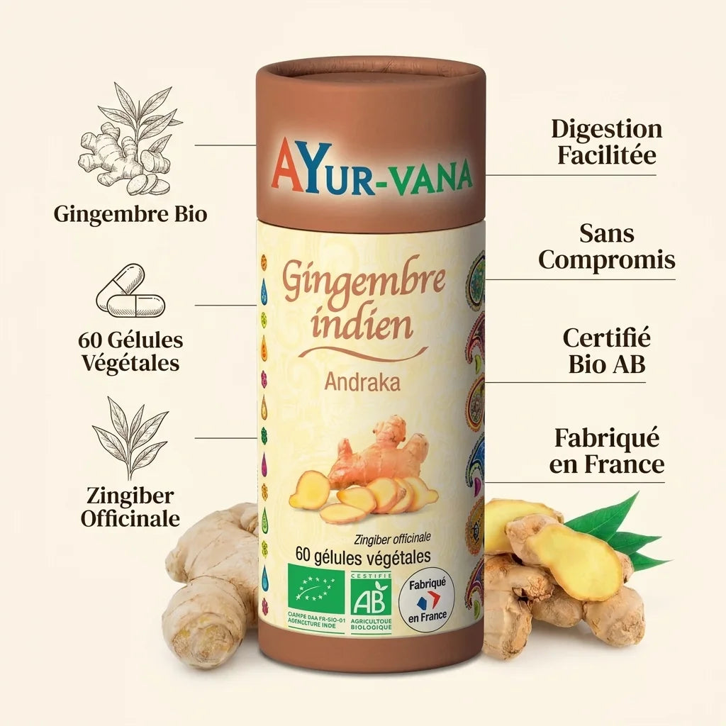 Gingembre bio Ayurvana en gélules avec racine fraîche et certifications AB France