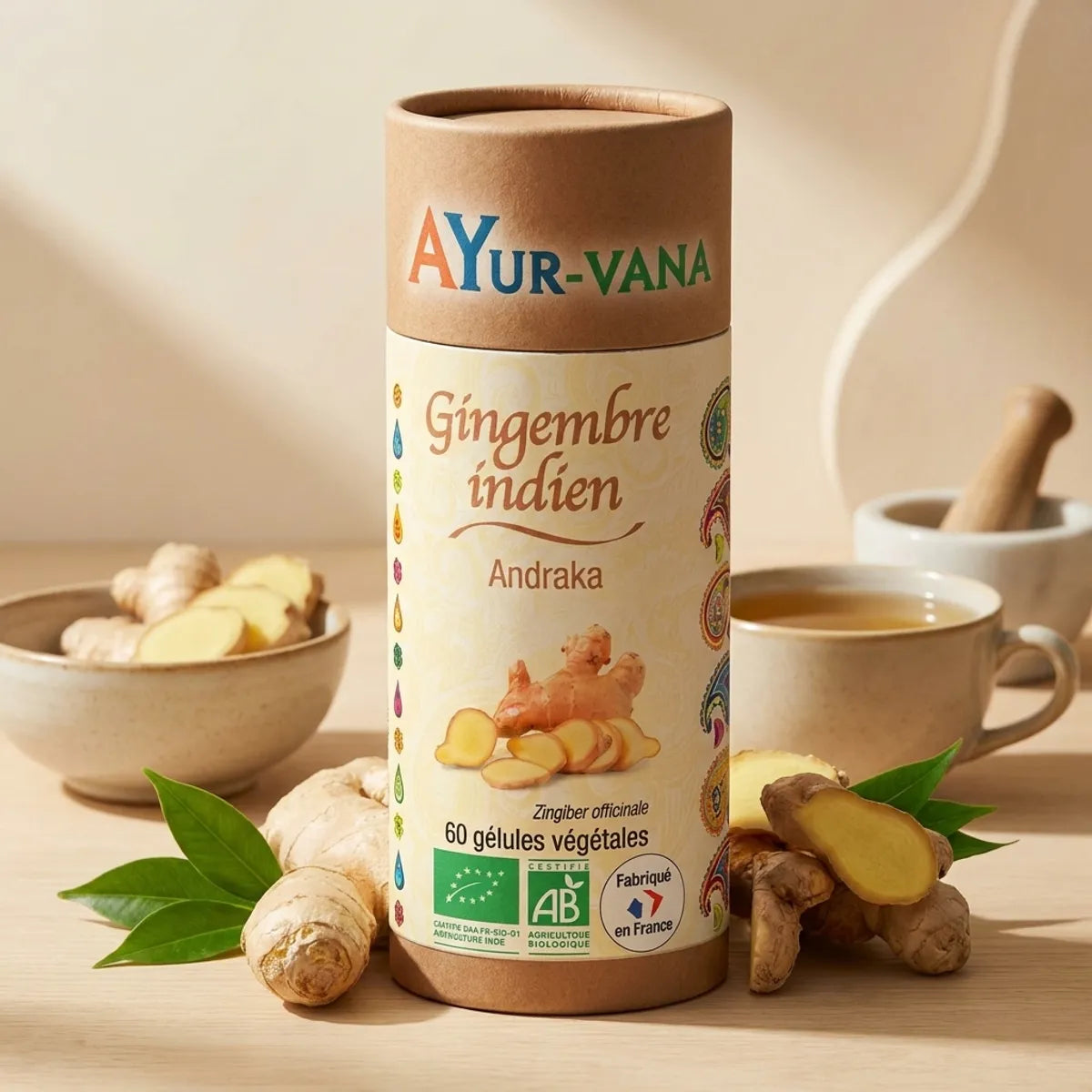 Gélules de gingembre indien bio Ayurvana avec racine fraîche et feuilles vertes