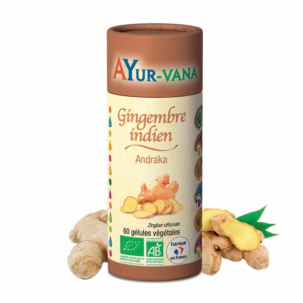 Gingembre indien bio Ayurvana en gélules - Flacon marron packaging naturel
