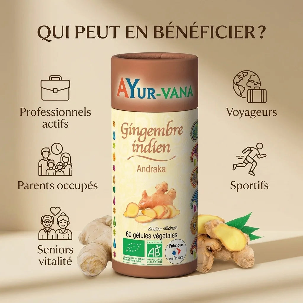Gingembre indien bio Ayurvana en gélules - bénéfices pour actifs, parents, seniors et sportifs