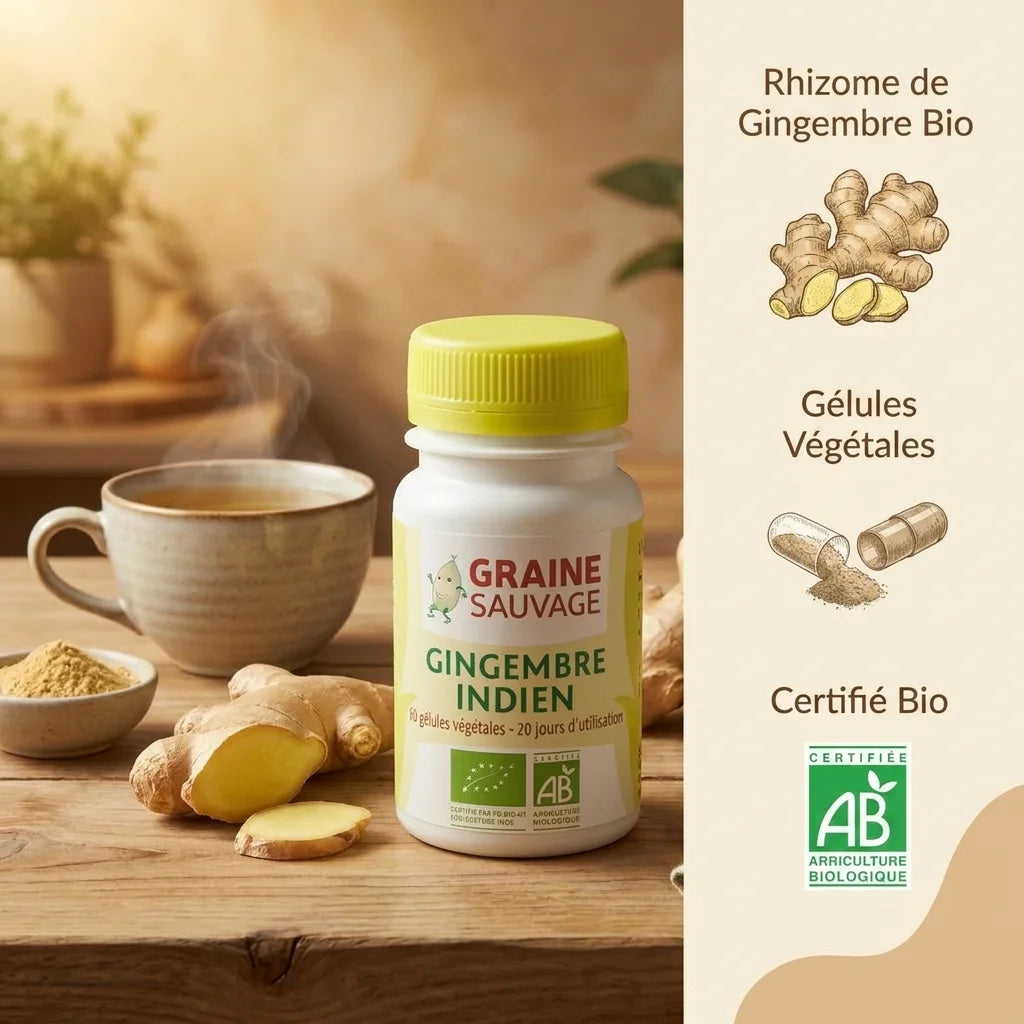 Gingembre indien bio en gélules végétales avec certification AB et ingrédients naturels