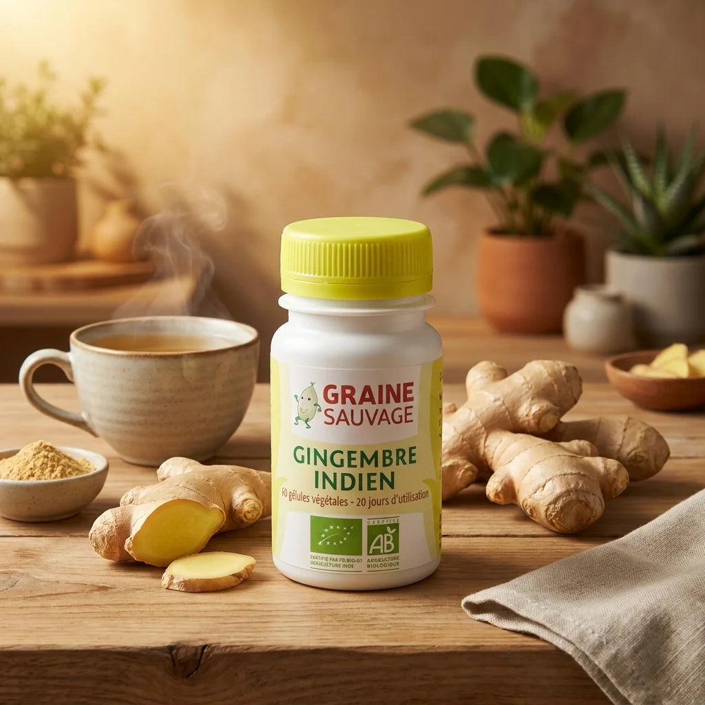 Gélules de gingembre indien bio vegan Graine Sauvage avec racine fraîche et tasse de thé