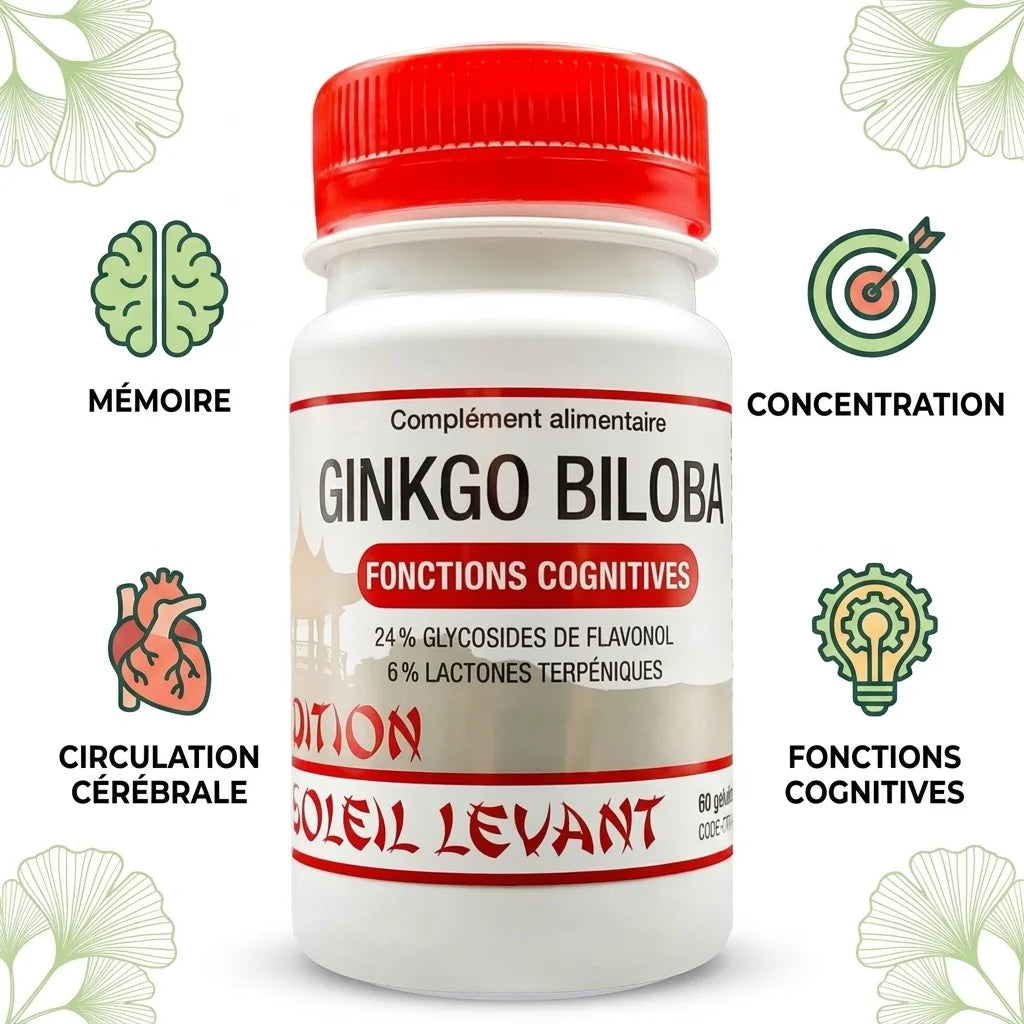 Ginkgo Biloba vegan en gélules avec infographie des bénéfices mémoire et concentration