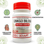 Ginkgo Biloba vegan en gélules avec infographie des bénéfices mémoire et concentration