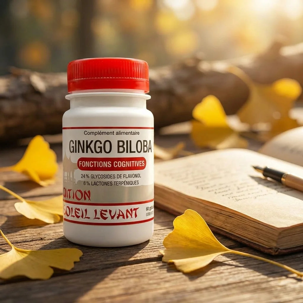 Ginkgo Biloba vegan en gélules avec feuilles, sur bureau en bois, style premium