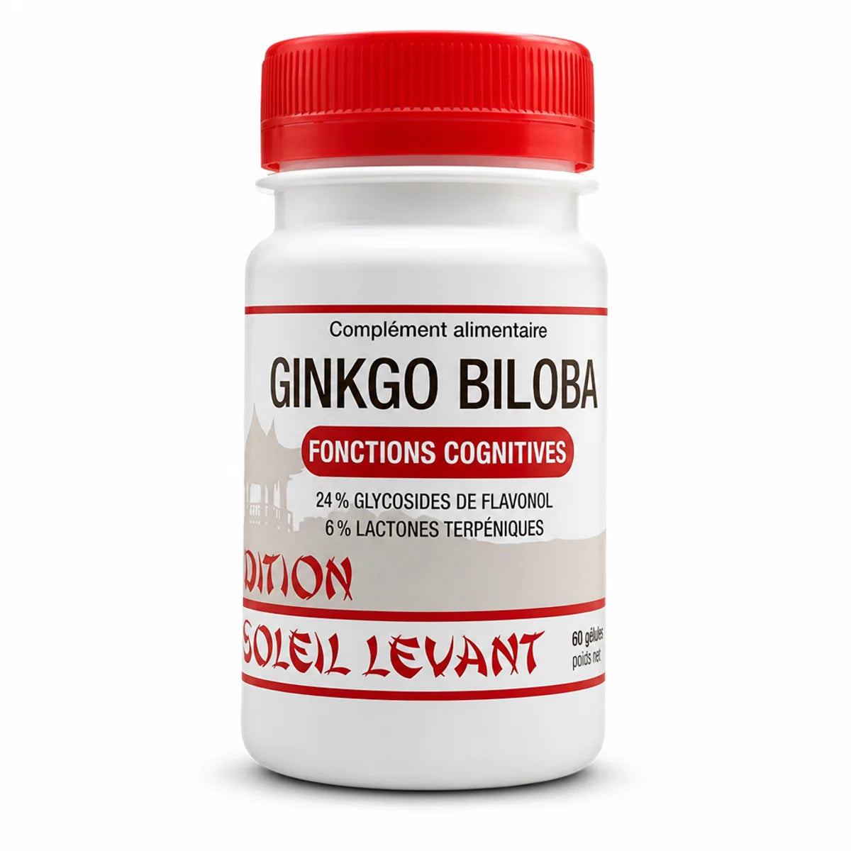 Ginkgo Biloba vegan en gélules - flacon avec bouchon rouge sur fond blanc