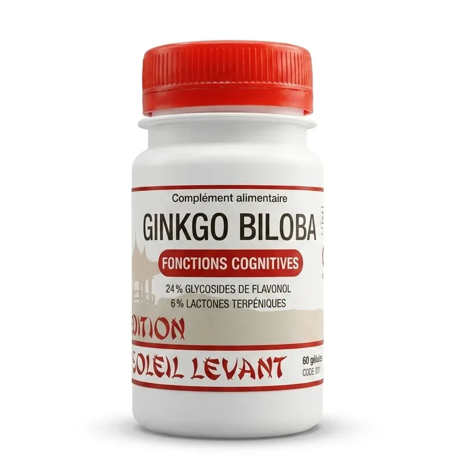 Flacon de gélules Ginkgo Biloba vegan avec bouchon rouge sur fond blanc