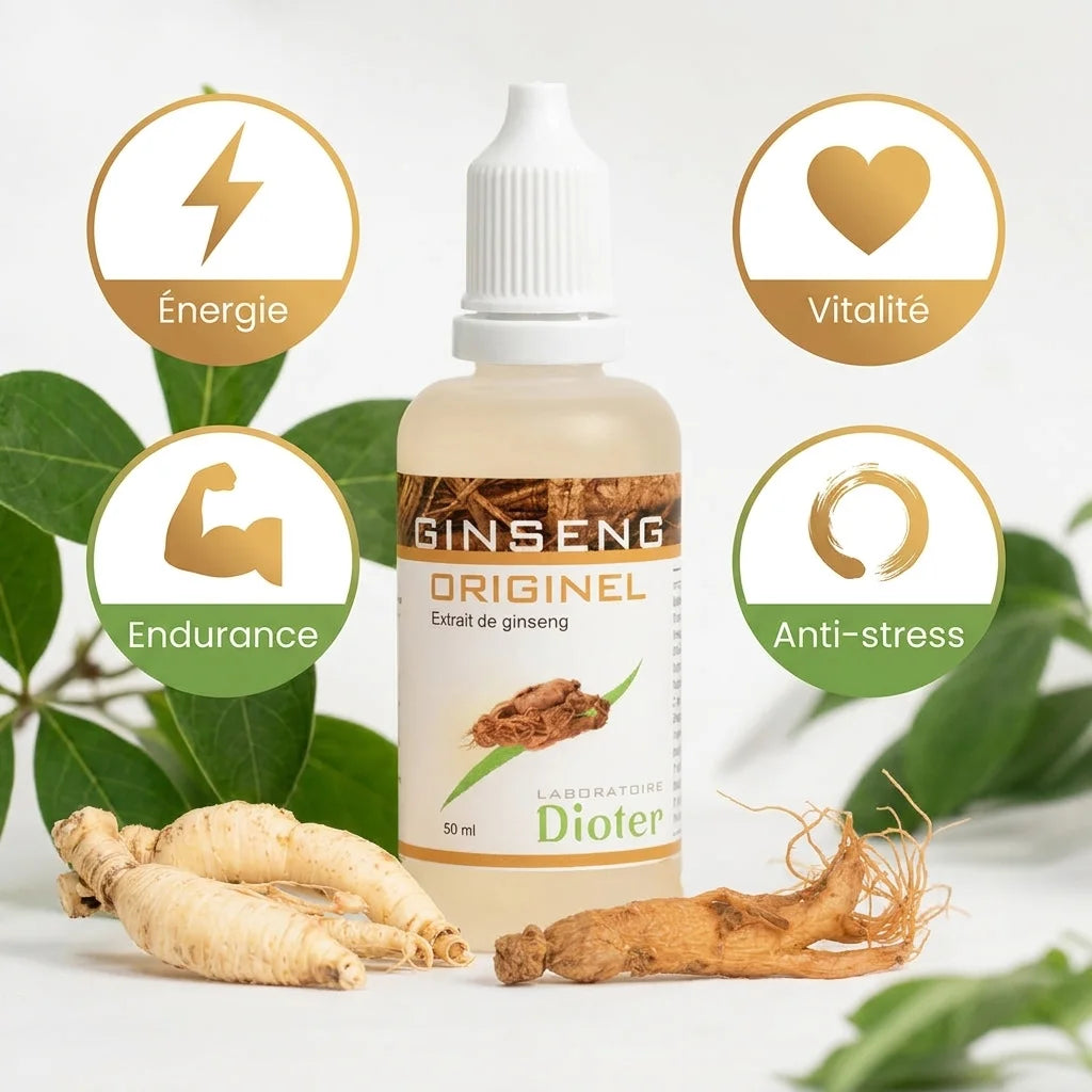 Flacon compte-gouttes Ginseng Originel avec racines fraîches et bénéfices: énergie, vitalité, endurance, anti-stress