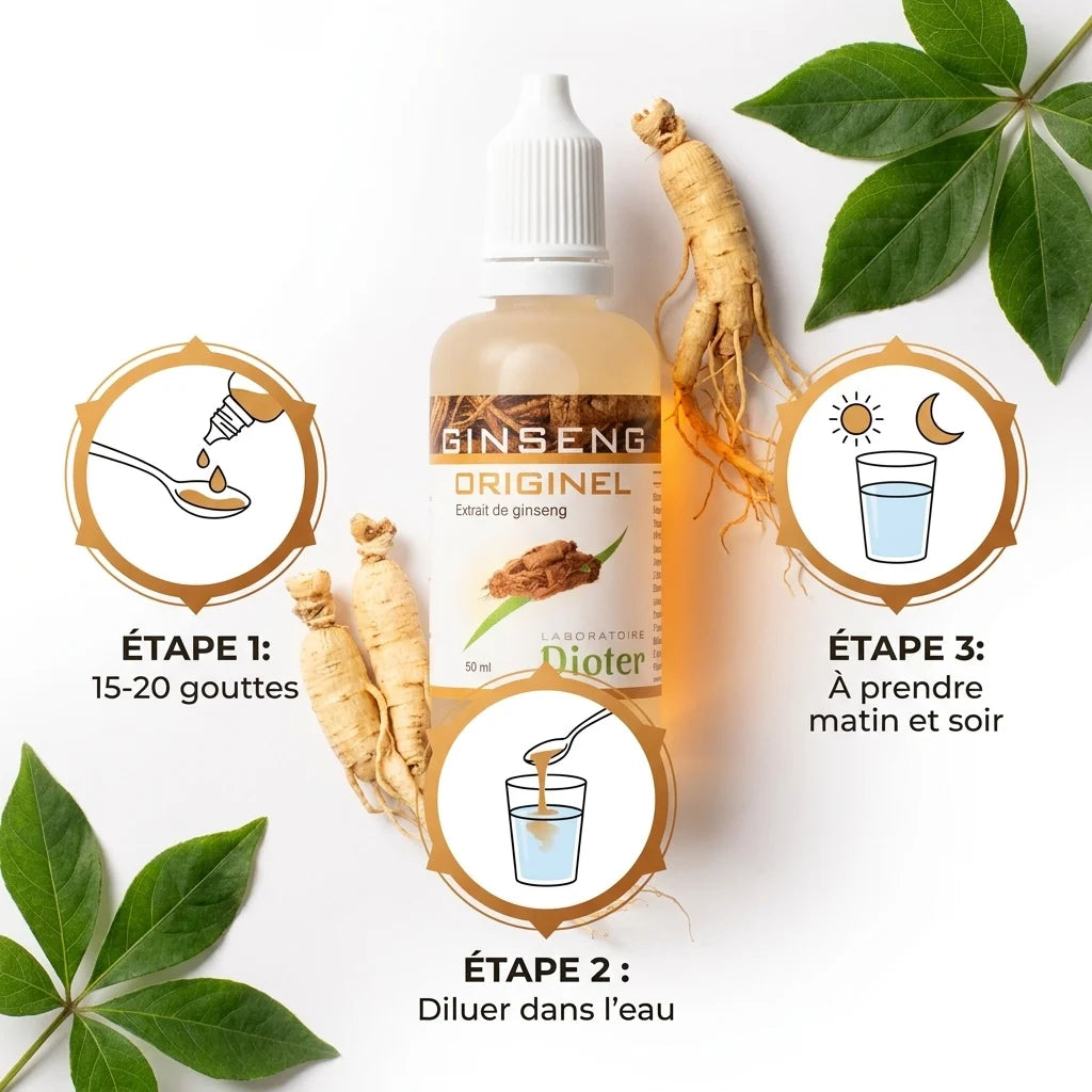 Ginseng Originel compte-gouttes : guide dosage 15-20 gouttes, diluer dans l'eau, prendre matin et soir