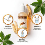 Ginseng Originel compte-gouttes : guide dosage 15-20 gouttes, diluer dans l'eau, prendre matin et soir