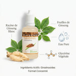 Ginseng Originel en compte-gouttes Dioter avec ses ingrédients actifs: racine blanche, feuilles et glycérine végétale