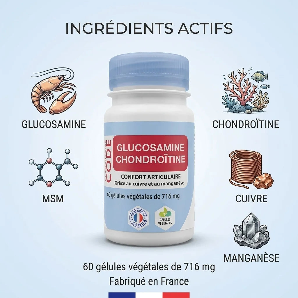 Glucosamine Chondroïtine MSM gélules avec ingrédients actifs et étiquetage produit