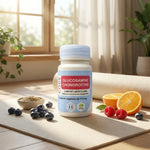 Glucosamine Chondroïtine MSM en gélules sur tapis de yoga avec fruits frais et lumière naturelle