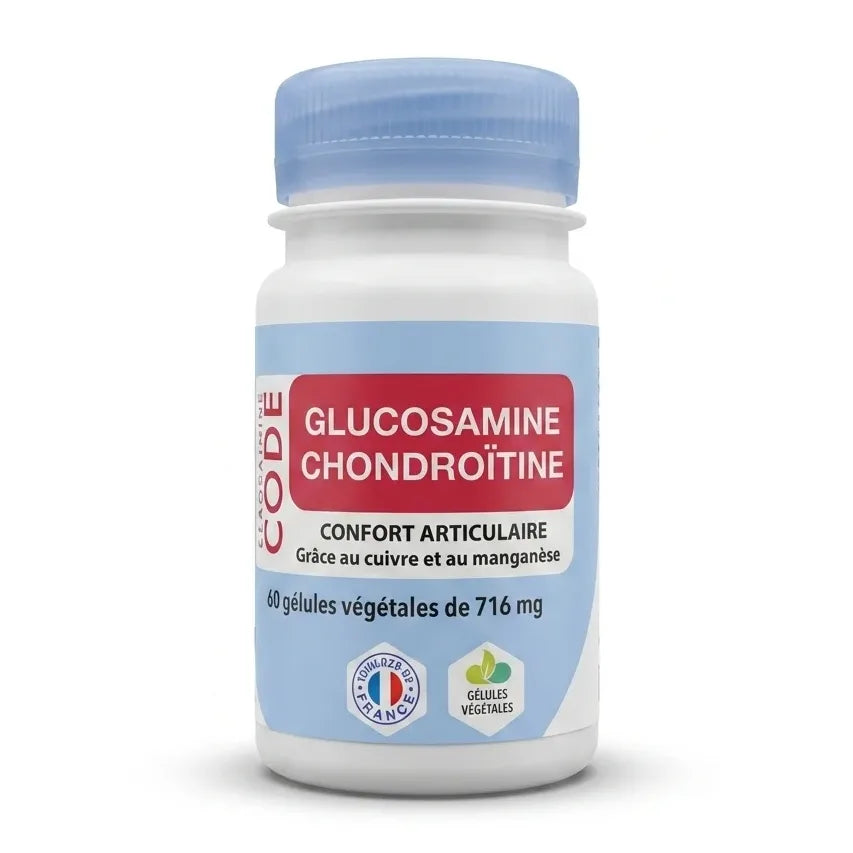 Bouteille de Glucosamine Chondroïtine MSM en gélules avec étiquette rouge sur fond blanc