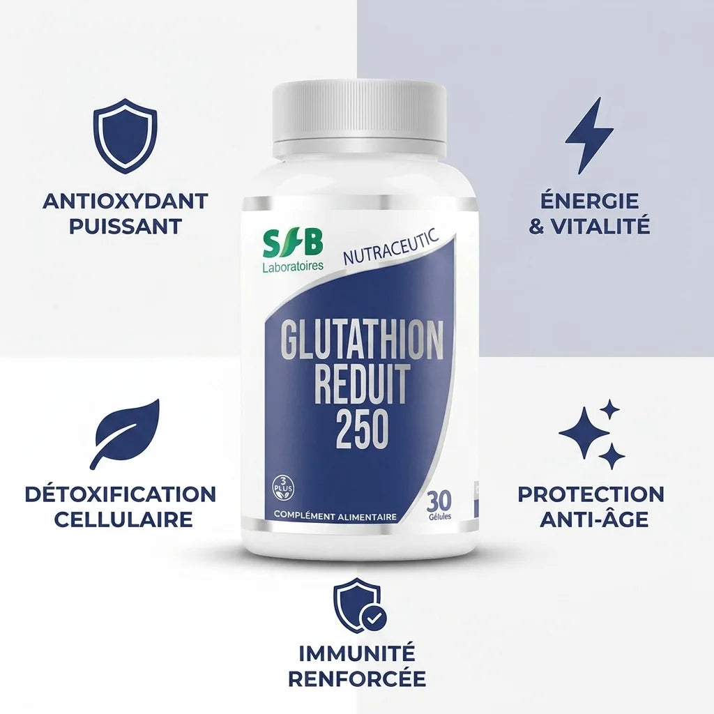 Glutathion réduit 250mg SFB - bouteille avec 5 bénéfices : antioxydant, énergie, détoxification, anti-âge, immunité