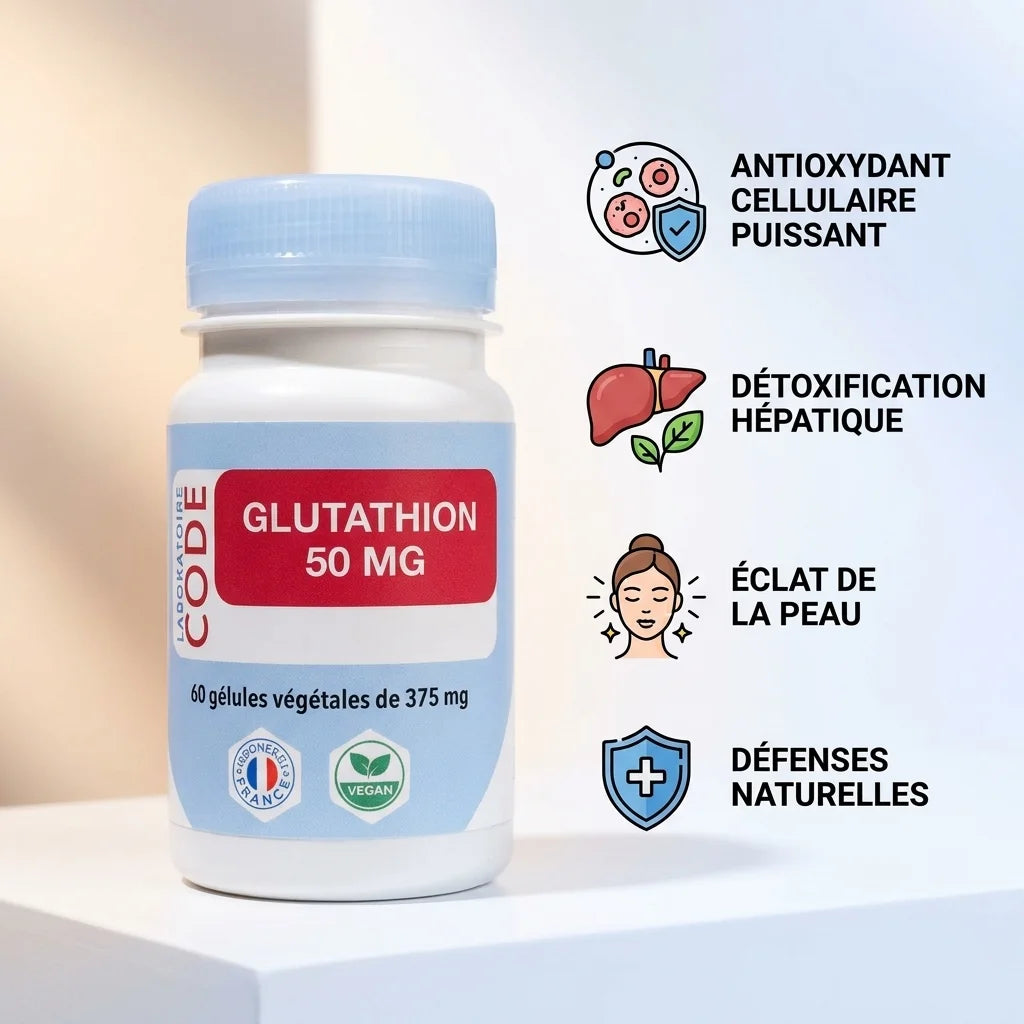 Glutathion Vegan 50mg gélules avec infographie des bénéfices : antioxydant, détoxification hépatique, éclat peau
