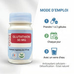 Glutathion 50mg en gélules vegan avec mode d'emploi et bénéfices antioxydants affichés